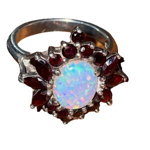 Vintage Sterling Silver Opal And Garnet Cluster Ring Womens Size 8